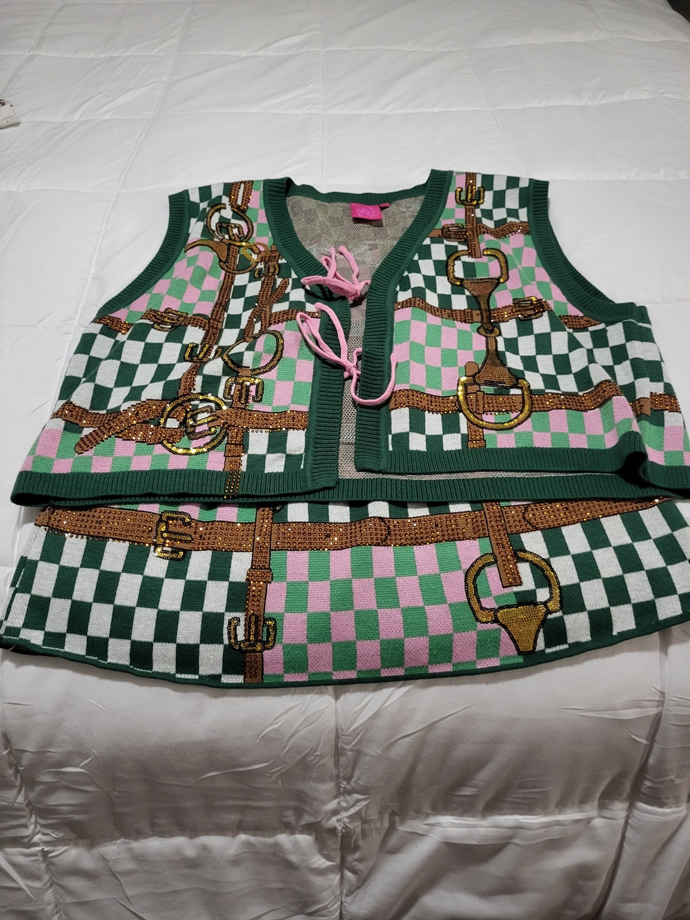Queen Of Sparkles Checkerboard Knit Vest with Pink & Green Horsebit Skirt